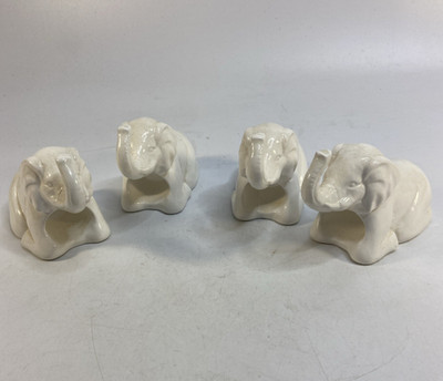 Elephant White Ceramic Glazed Napkin Rings Table Decor Vintage Set Of 4 Vana