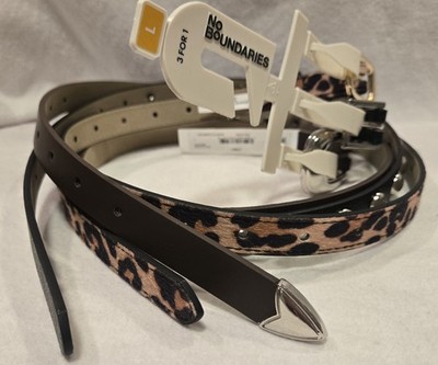 No Boundaries Womens Size L Belts, 3 Pack, Brown, Black, Leopard, Faux Leather
