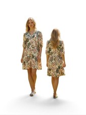 V-Neck Floral Midi Dress in Cream with Puff Sleeves