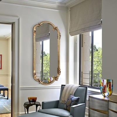 Scalloped Oval Wall Mirror, Vintage Gold Oblong Mirrors 18''L x 40''W Retro Gold