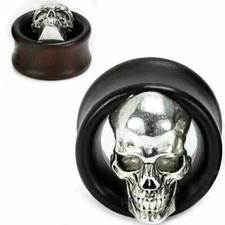 Ear Plugs Gauges Black Areng Wood steel skull Double Saddle Organic Natural