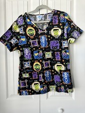 SB Scrubs Scrub Top Halloween Skeleton Vampire Witch Medium Tie Back Dracula