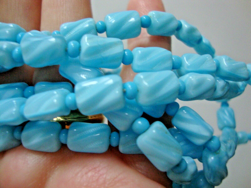 Vtg Old Czech Art Glass Turquoise Blue Faceted Textured Beads Long Necklace 59Gr - Foto 10 di 12