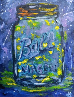 Firefly Painting Mason Jar Original Art 6'' by 8'' Summer Vibes Farmhouse Wall Art