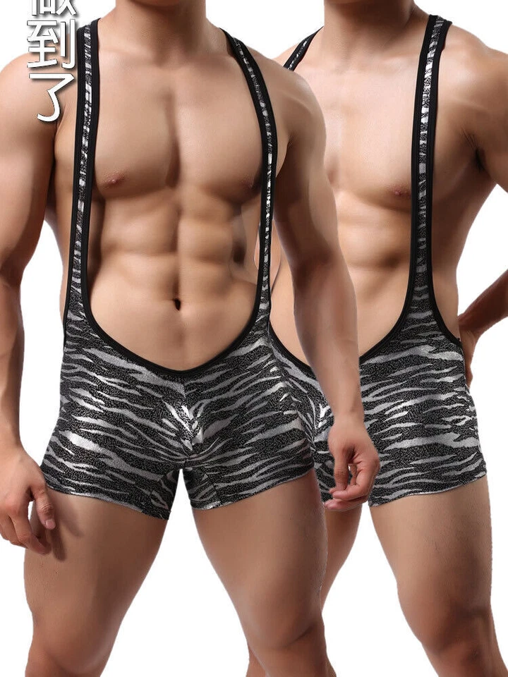Men's sexy Leopard Jumpsuits Leotard Wrestling Singlet Mankini Bodysuit Costumes - Image 4 of 4