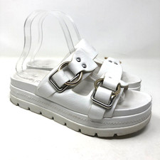 J Slides Baha Sandals White Leather Slip On Shoes Womens 8 Silver Buckle Platfor