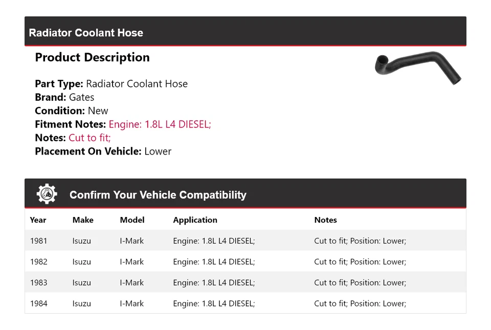 Manguera de refrigerante de radiador diésel Isuzu I-Mark 1981-1984 1,8 L L4 puertas inferiores 1982 Foto 2 de 4
