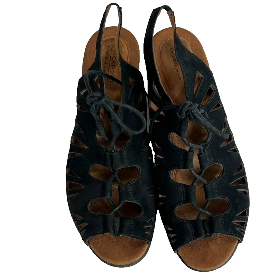 Sandalias de tacón Cobb Hill Rockport para mujer 9W con cordones de cuero negro punta abierta Foto 2 de 4