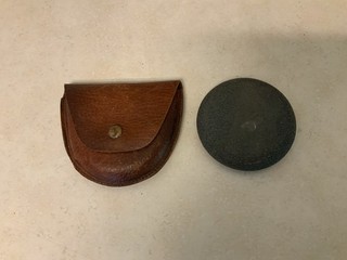 Vintage Round Combination Sportsmen’s Hone Stone in Leather Case Carborundum Co.