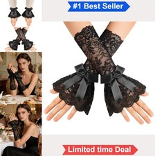 Women Ruffle Bow Lace Fingerless Gloves Mid Elbow Length Costume Cosplay Wedding
