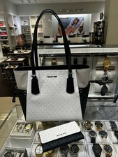 Michael Kors Voyager Large MK Logo Tote Bag Purse + Trifold Wallet Optic White