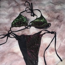 Ivy Glitter Shiny Triangle Halter Bikini Set 2-Piece Green Pink Black S