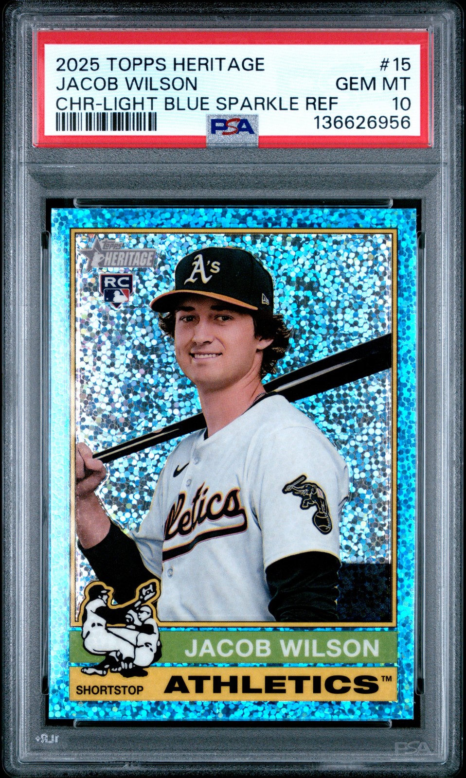 2025 TOPPS HERITAGE CHROME-LIGHT BLUE SPARKLE REFRACTOR #15 JACOB WILSON PSA 10