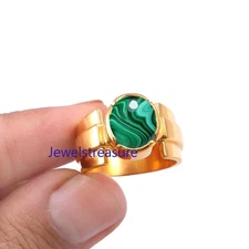Natural Malachite Gemstones 925 Sterling Silver Gold Plated Ring For Men's #4390