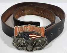Harley Davidson Belt Buckle 1991 Baron USA H402 Eagle Flag Leather Belt Vintage