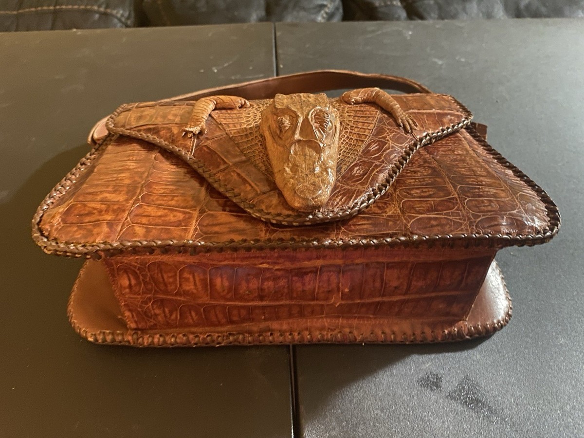 Vintage 1940's Genuine Baby Alligator Brown Clutch Purse Flip Top