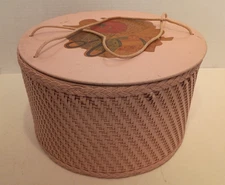 Vintage 1940’s Princess Pink Round Wicker/Wood Sewing Basket Box Floral Decals