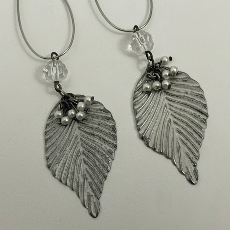 Silver Leaf Pendant Beaded Dangle Statement Earri… - image 3