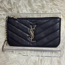 Saint Laurent Coin Case Black Leather Metal silver Logo key ring Used
