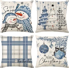 Winter Snowflake Decorative Throw Pillow Covers 18x18 Set of 4 Blue Snowmen 