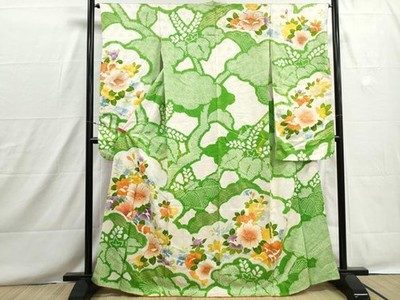 Japanischer Kimono Langarm Stickerei Shibori Blume Gold Silber Reine Seide