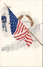 Embossed Unposted Postcard- In Memoriam US Soldier Of War Flag Wreath