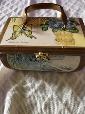 Vintage Wooden Box Purse w/ Lucite Handle  Laquered Bird Pictures, 1970s.