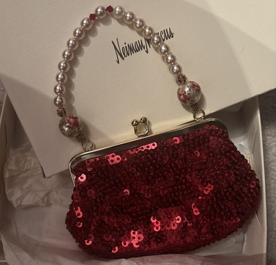 Vintage Neiman Marcus Lily Scott Bags RED Sequin evening Handbag| Pearl Floral 