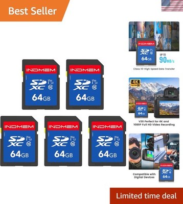 64GB 5 Pack SD Card, C10, U3, V30, High Speed up to 90M/S SDXC UHS-I Memory C...