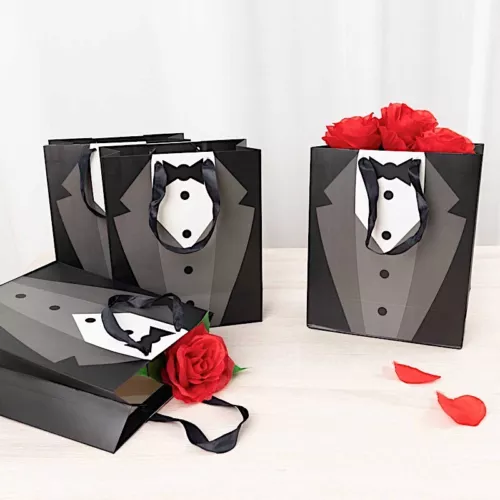 12 BLACK WHITE Tuxedo Paper Gift Tote BAGS Satin Handles Party Event Decorations