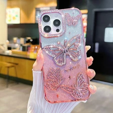 For iPhone 17 16 Pro Max 15 14 13 12 11 Pro Butterfly Glitter Bling Sparkle Case