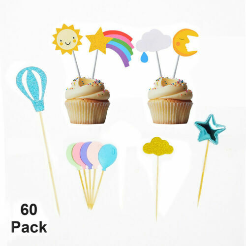 60 Confezione Cupcake Topper Cielo Tema Kit Incluso Cloud Palloncino Luna Stars - Picture 1 of 5