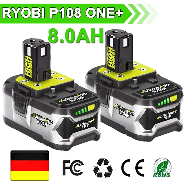2Pack 8.0Ah 18V Lithium Akku FüR Ryobi One Plus RB18L50 P108 P107 P104 De-image