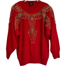 Holiday Christmas Vintage Angenie Sweater Lambs Wool Angora Red Sequined Size S