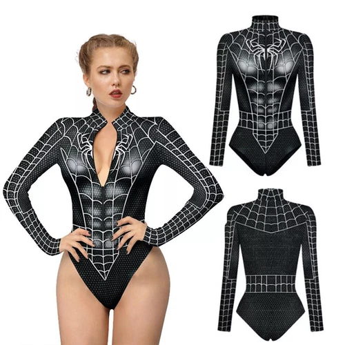 Women Black Venom Spiderman One Piece Jumpsuit Cosplay 3D Costume Tights - Picture 25 of 28