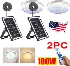 2× 100W Solar Powered Ceiling Pendant Light Remote In/Outdoor Lamp Waterproof