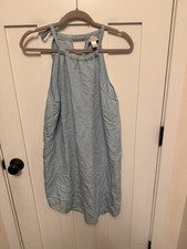 Loft Chambray Sleeveless Dress Size Small High Tie Neck TENCEL Linen Blend