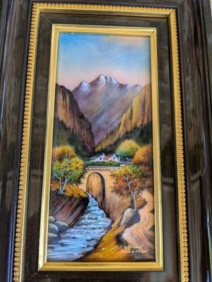 Tableau, Emaux de Limoges, " Paysage de montagne " signé Grafeuil - Photo 1/4