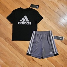 NEW ADIDAS Toddler Boy Cotton Tee  Short Set, Black/Gray 3T 
