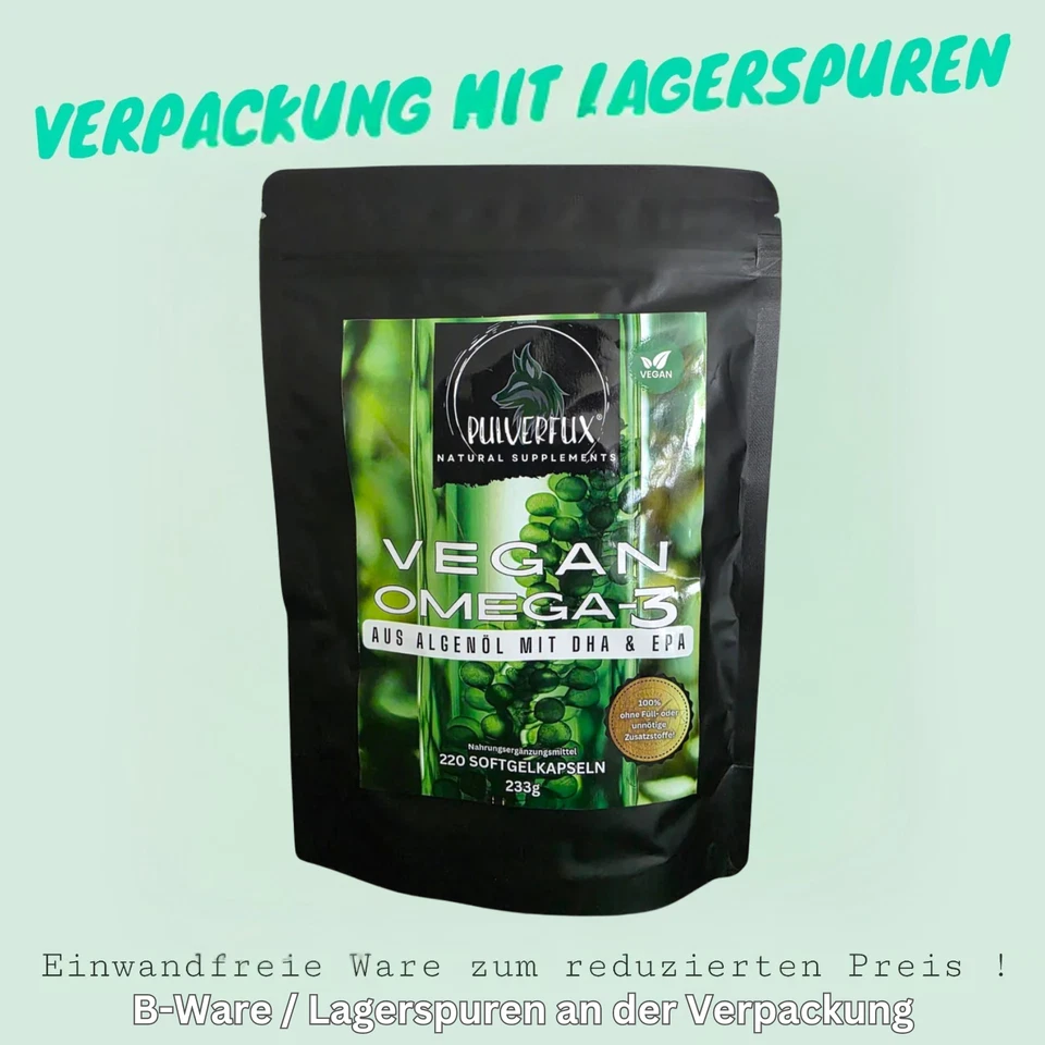 PULVERFUX Vegane Omega-3 Kapseln EPA+DHA Algenöl 220 Stück Aktionspreis ⭐ Lagerspuren⭐