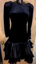 Vintage 80s Black Velvet RARA Drop Waist BOW Scoop back Dress  Bernshaw S 10