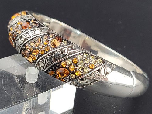 Designer Signed Brighton Crystal Voyage Amber Rhinestone Hinged Bangle Bracelet - Picture 2 of 8