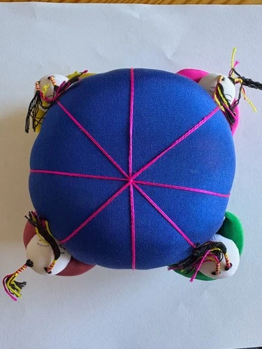 Chinese Blue Vintage Pin Cushion with 4 Children Dolls 4" Round Never Used