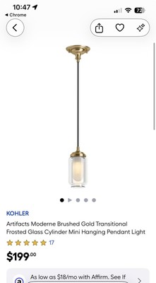 22653-PE01-GBL KOHLER Artifacts 1 Light Pendant Moderne Brushed Gold for Kitchen