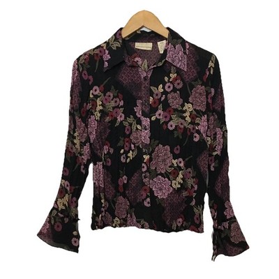 Apostrophe Top Size PXS Dark Floral Button Up Pleated Crinkle Bell Sleeve Y2K