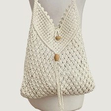 Vintage Boho Cream Macrame Shoulder Bag Wood Toggle Button Tassel Festival Ivory