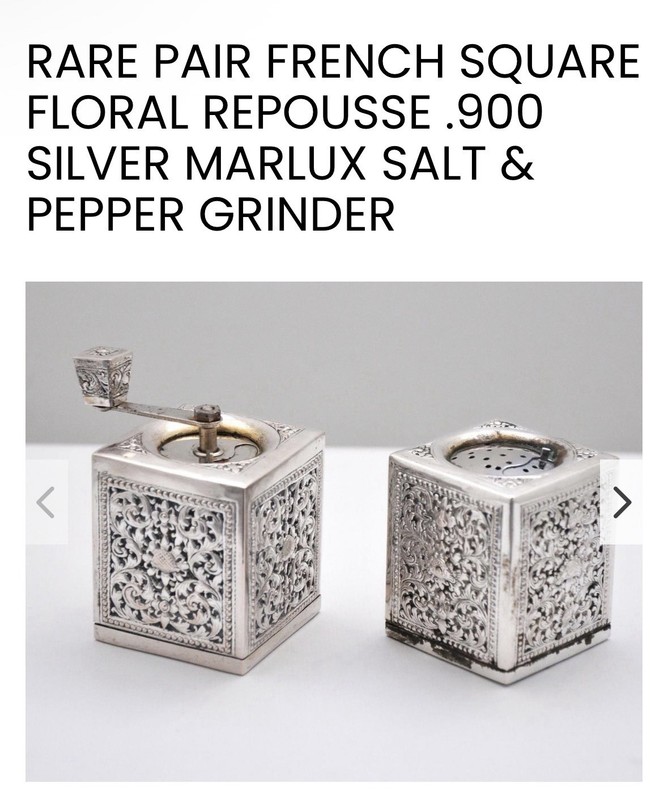 Marlux French .900 Silver Repousse Pattern Square Salt & Pepper Grinder Set