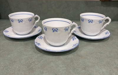 Vista Alegre Ruban Blue Teacups Saucers Set 3 Portugal Porcelain Bow coquette