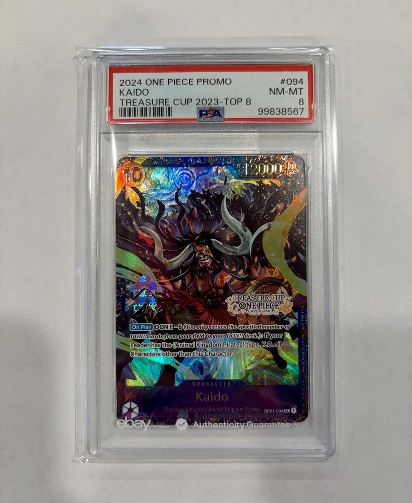 2024 Promociones de una pieza #094 Kaido Treasure Cup 2023-top 8 PSA 8 casi nuevo inglés
