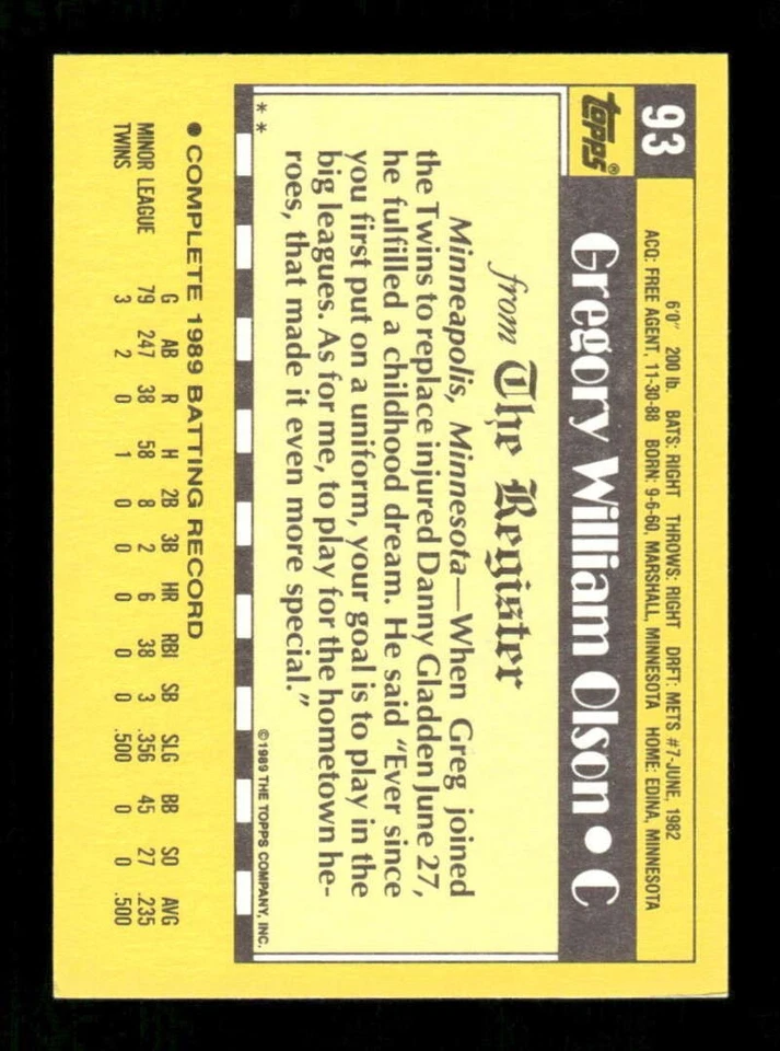 1989 1990 Topps Debut 93 Greg Olson Twins signed auto autograph  BXCP55 - Image 2 of 2
